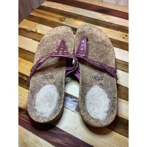 UGG sandals Leather /cork Women's 8  Dark Red Fleece Cushioned Heel Soft